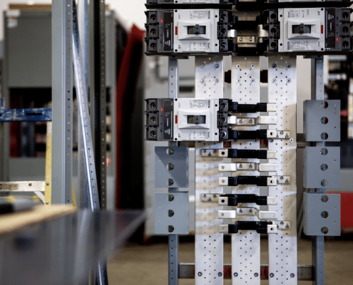 Close-up of wiring layout for high-performance switchboard by Butcher Power Products.